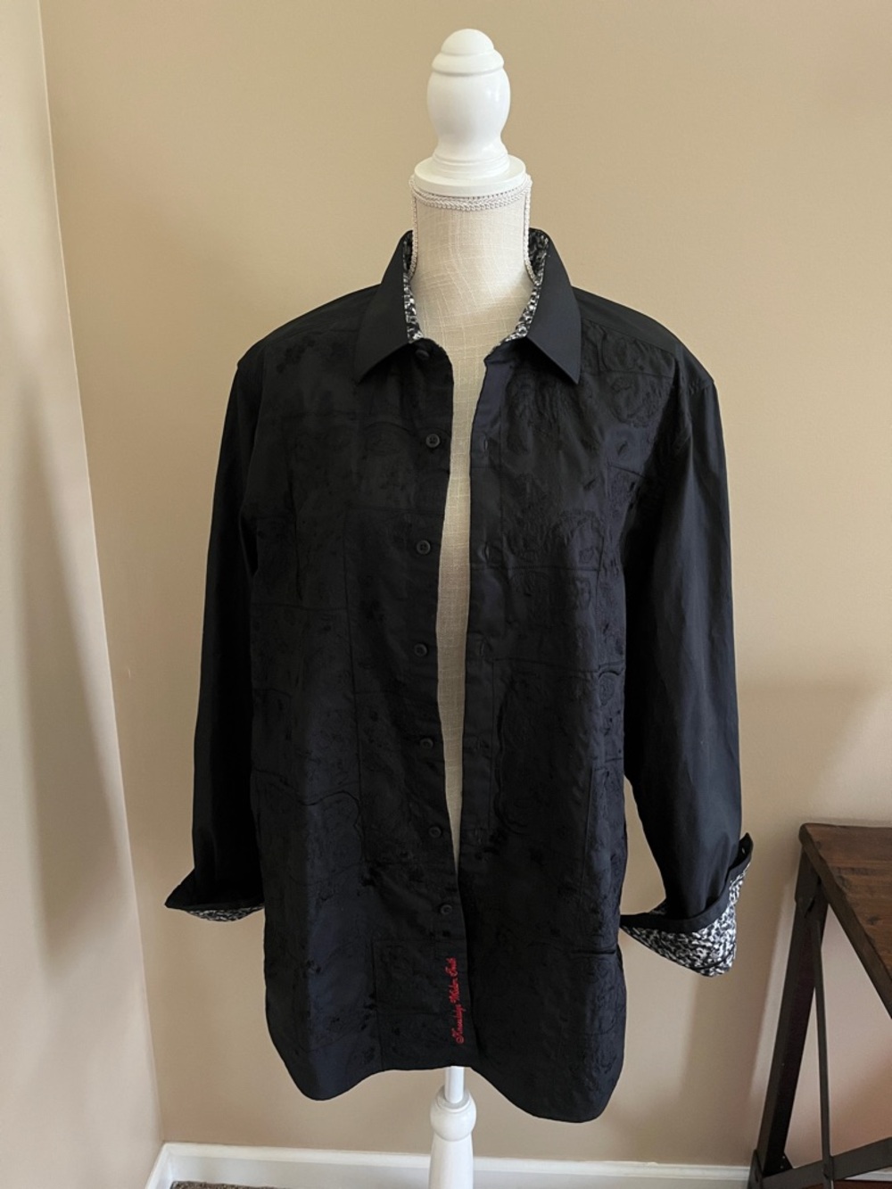 Robert Graham Black Button-Down Casual Fit Shirt with Patterned Trim